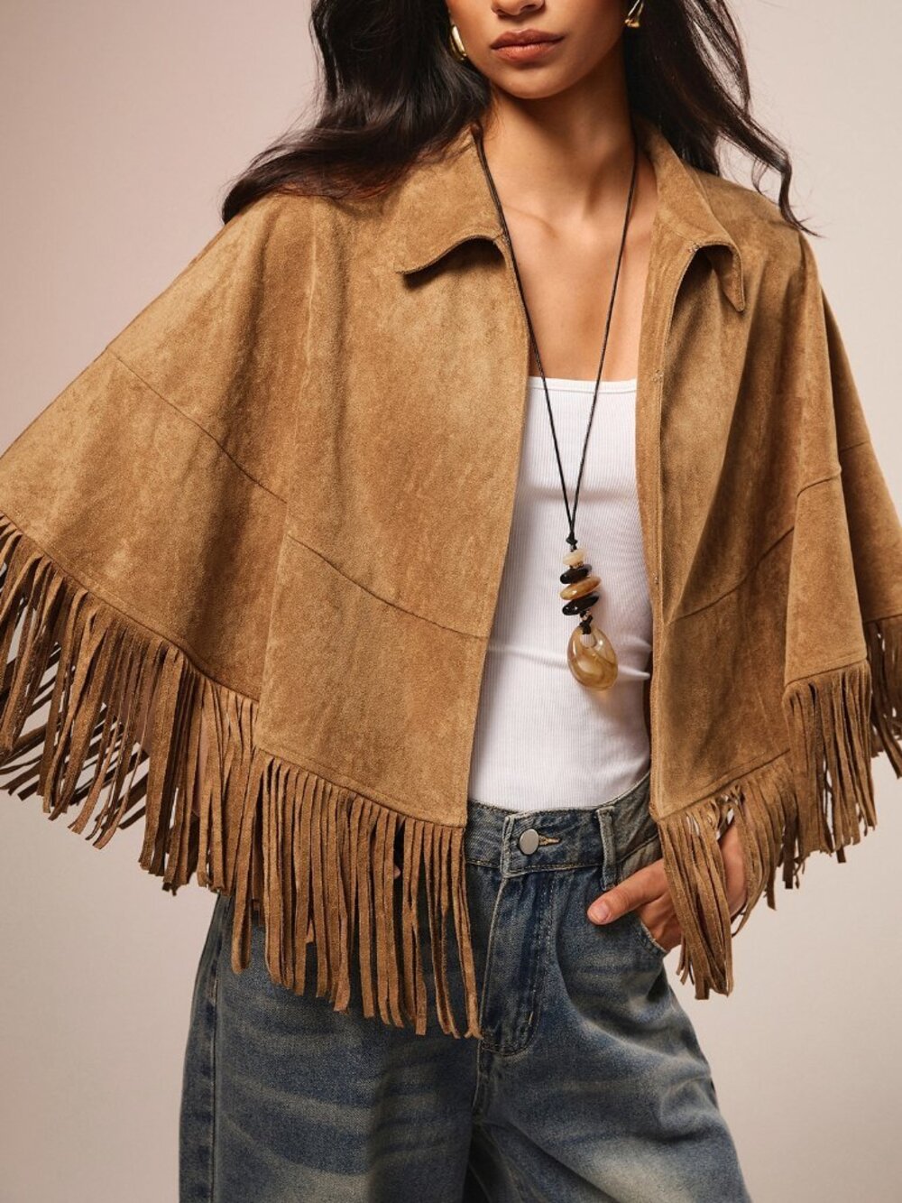 tan Casual Women's Fringe detail Collar cape poncho Top - Picture 4 of 9